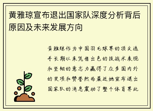 黄雅琼宣布退出国家队深度分析背后原因及未来发展方向