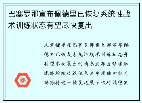 巴塞罗那宣布佩德里已恢复系统性战术训练状态有望尽快复出 巴塞罗那宣布佩德里已恢复系统性战术训练状态有望尽快复出