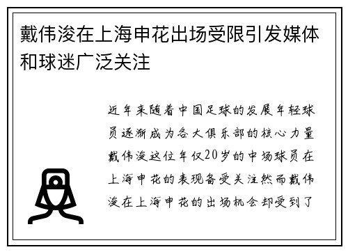 戴伟浚在上海申花出场受限引发媒体和球迷广泛关注 戴伟浚在上海申花出场受限引发媒体和球迷广泛关注