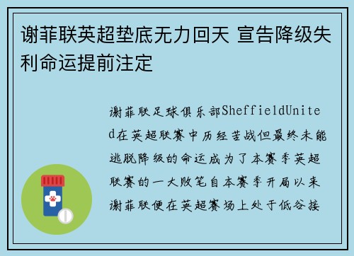 谢菲联英超垫底无力回天 宣告降级失利命运提前注定 谢菲联英超垫底无力回天 宣告降级失利命运提前注定
